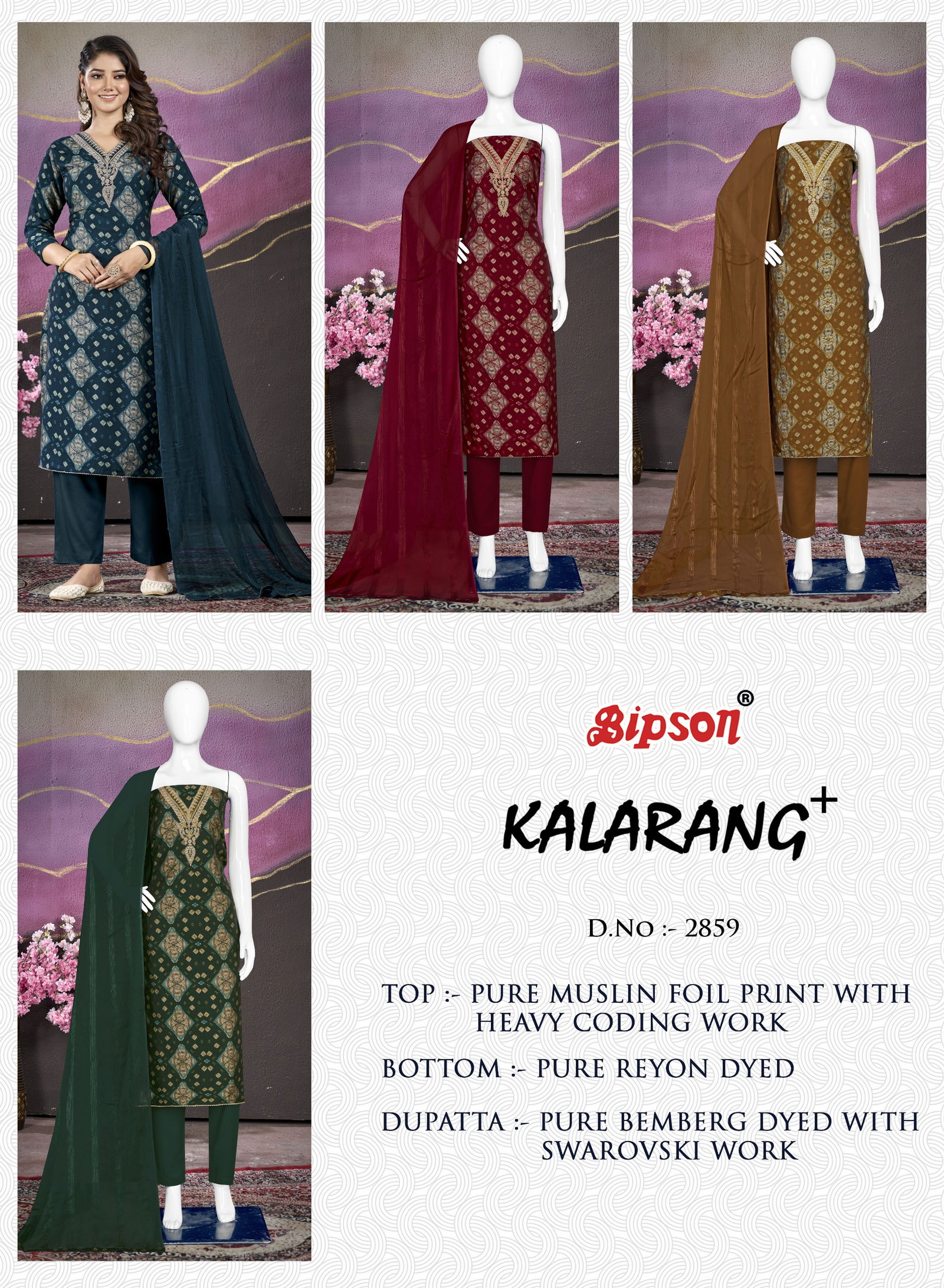 Kalarang 2859 By Bipson Viscose Muslin Printed Dress Material Wholesale Shop In Surat